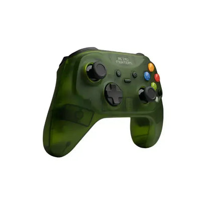 Zielony, przezroczysty gamepad do Xbox z kolorowymi przyciskami, widok pod kątem