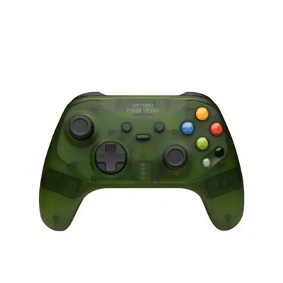 zielony przezroczysty gamepad do Xbox, widok z przodu, kolorowe przyciski