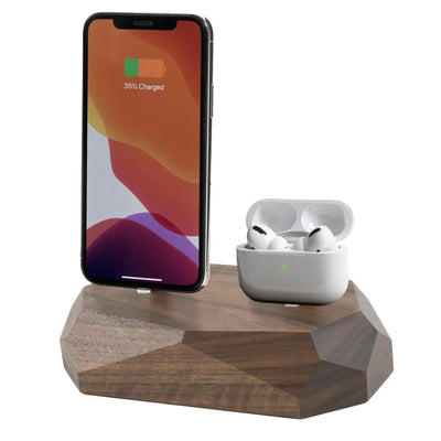 Stacja ładowania z drewna na smartfon i słuchawki, idealna do home office i biurka