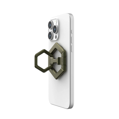 Zielony uchwyt na telefon z geometrycznym designem do iPhone'a, idealny do Home Office i biurka