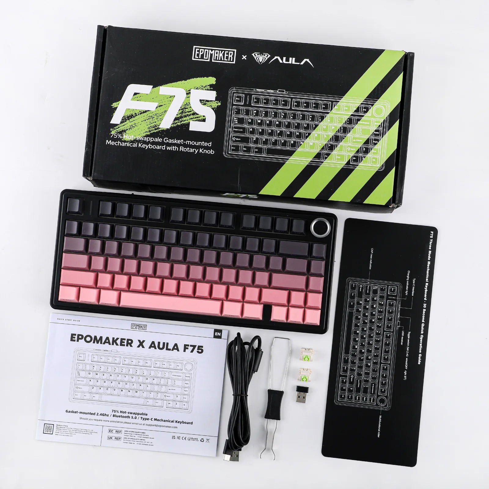 AULA - F75 Wireless Mechanical Keyboard - Bezprzewodowa Klawiatura Mechaniczna - Gradient Pink (Black) Side-Engraved
