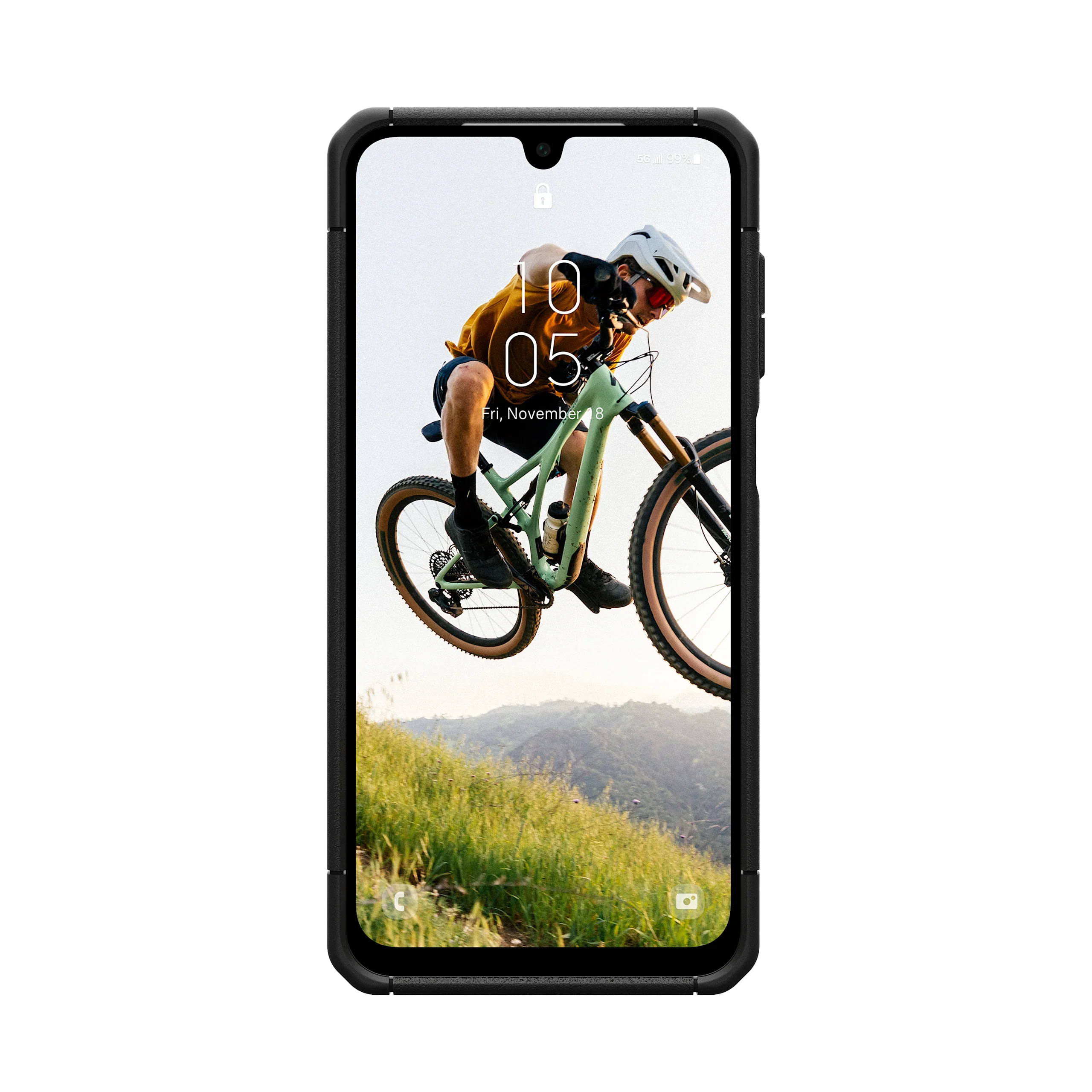 Czarny etui na telefon z ekranem pokazującym rowerzystę w akcji na tle gór. Idealne dla aktywnych użytkowników.
