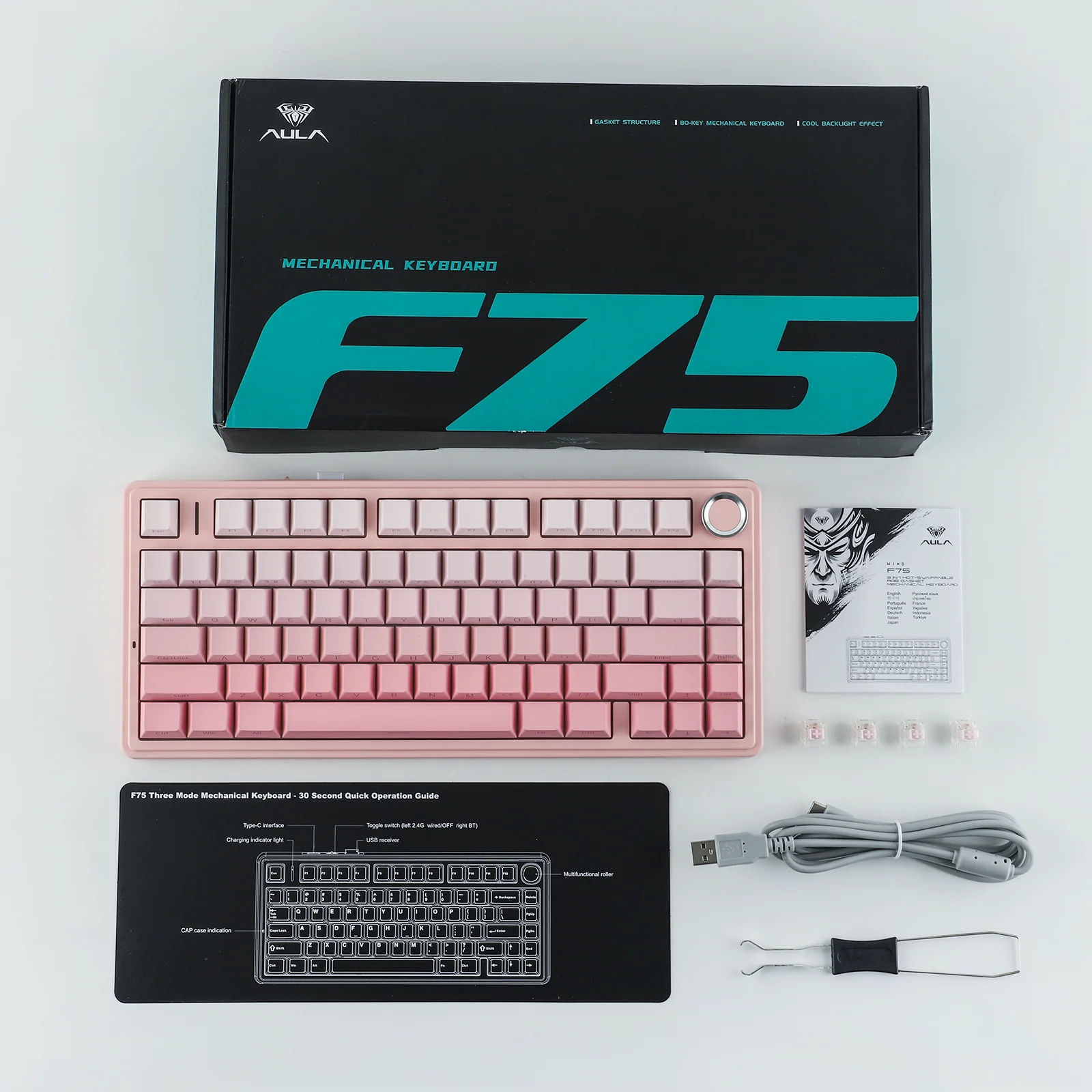 AULA - F75 Wireless Mechanical Keyboard - Bezprzewodowa Klawiatura Mechaniczna - Gradient Pink Side-Engraved