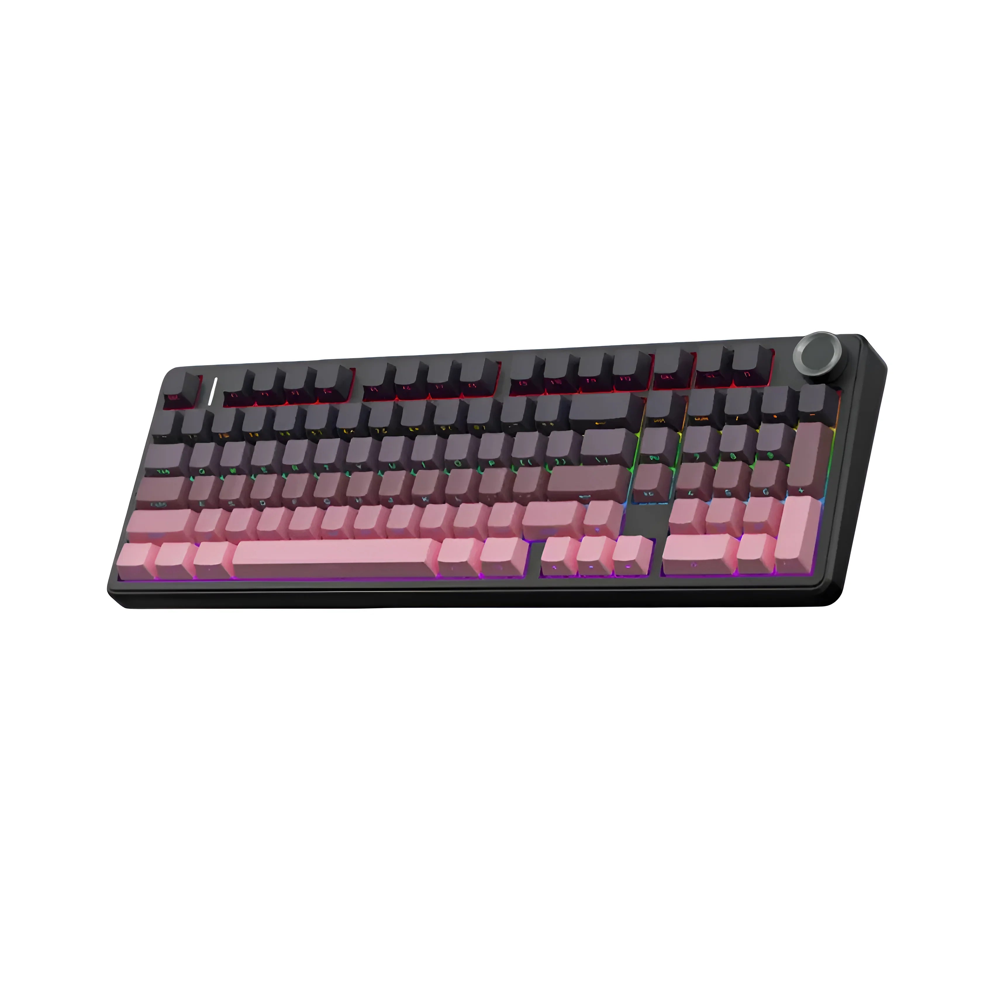 Mechaniczna klawiatura RGB z różowymi keycapami i przyciskiem sterującym, idealna do home office