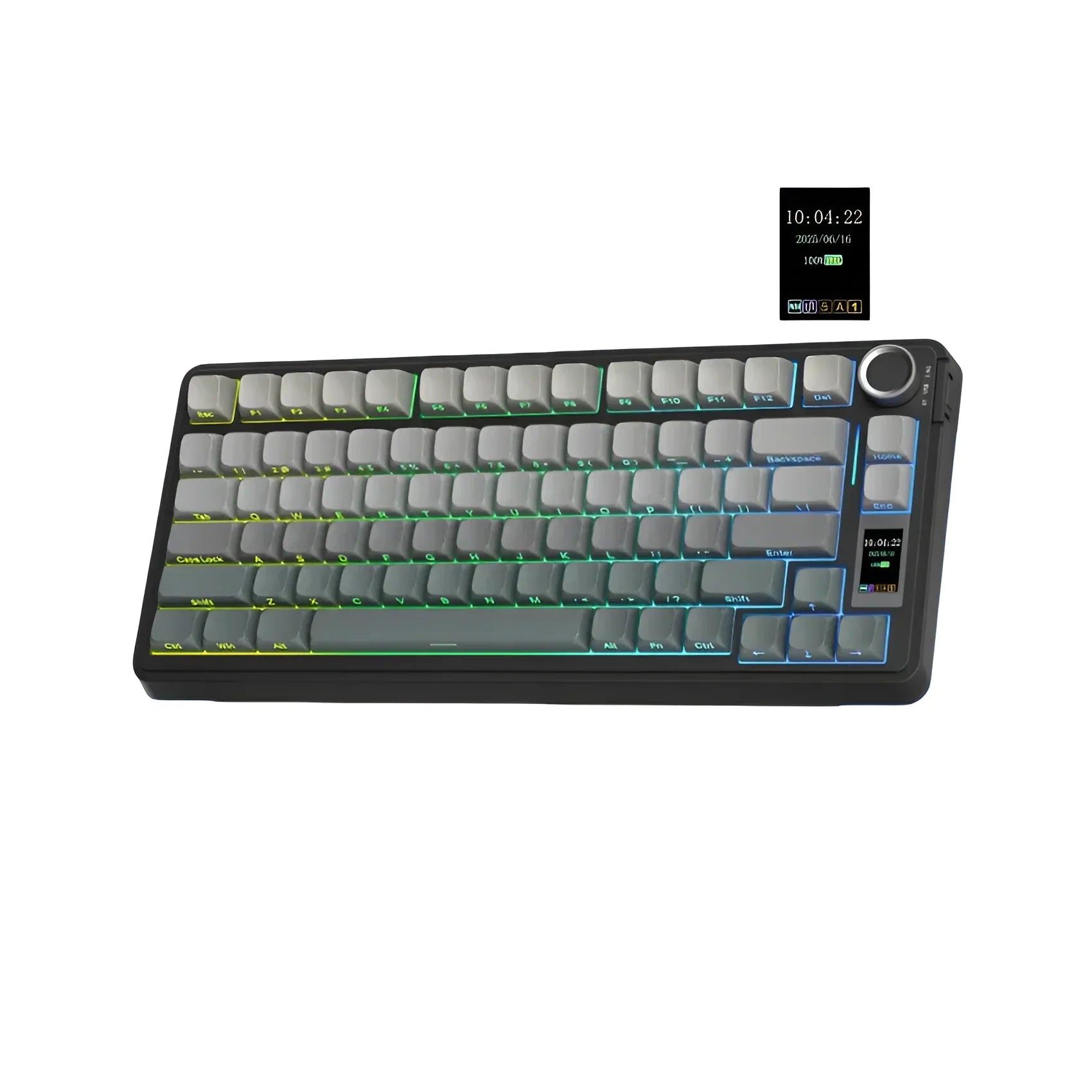 Mechaniczna klawiatura z RGB, ekranem i przyciskiem sterującym, idealna do home office i personalizacji desk setupu.