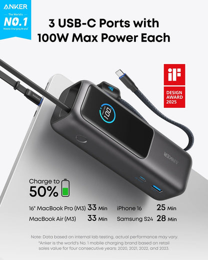 Anker - Laptop Power Bank (25K, 165W, Built-In and Retractable Cables) - Powerbank 25000mAh
