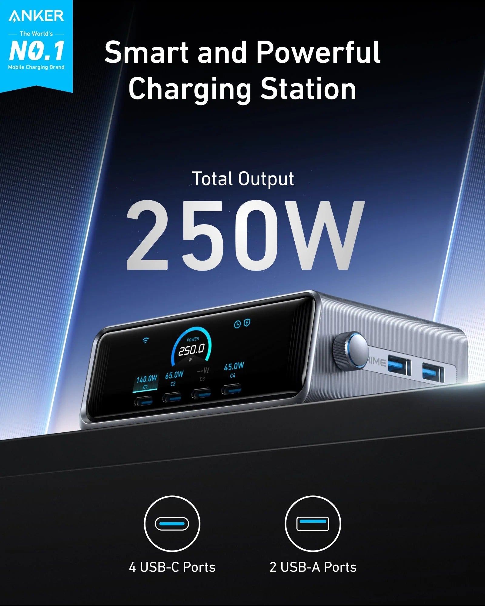 Anker - Prime Charger (250W, 6 Ports, GaNPrime) - Ładowarka 250W 6-portowa
