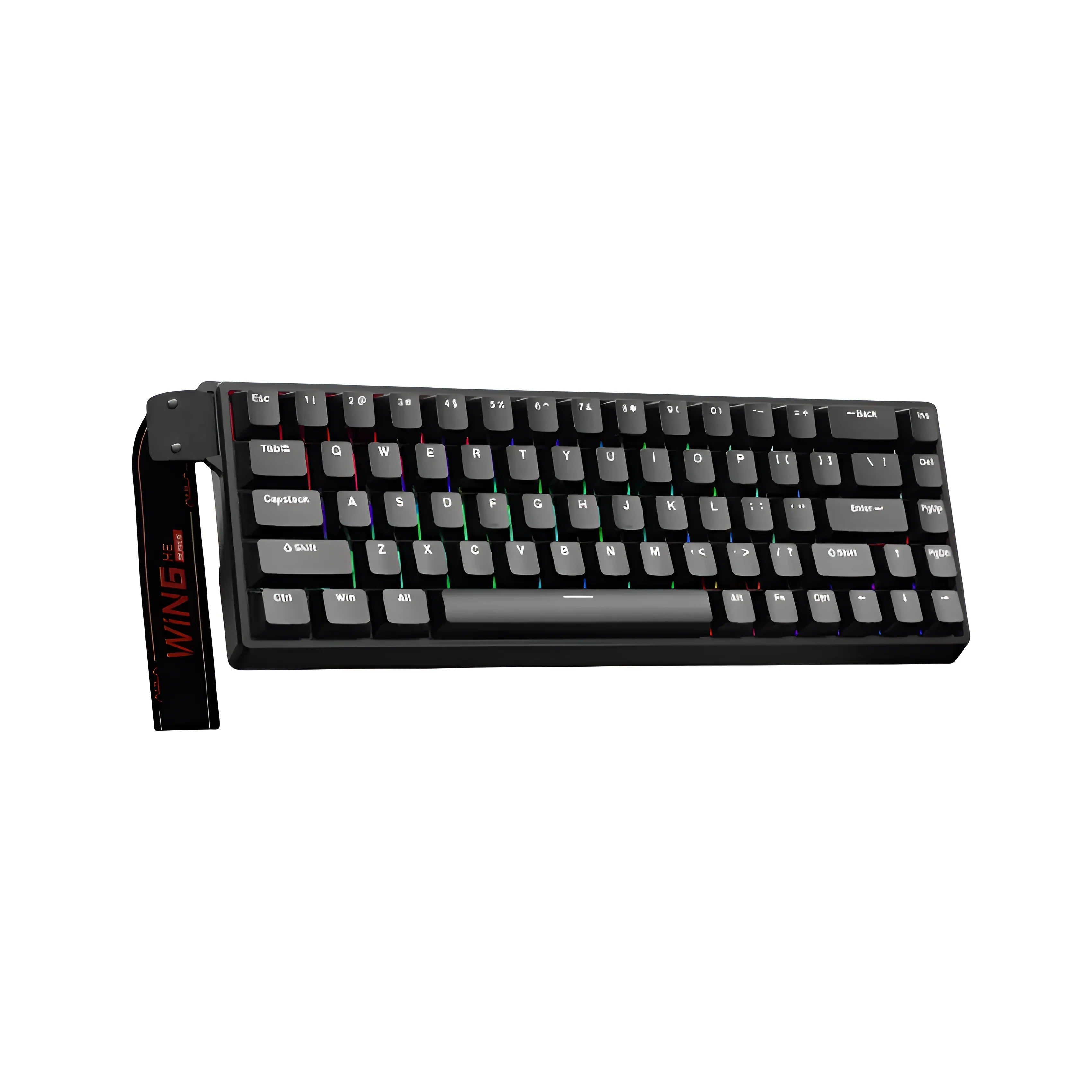 Czarna klawiatura mechaniczna z RGB podświetleniem i uchwytem WING HE, idealna do home office i desk setupu.