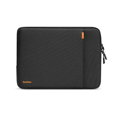 Czarna torba na laptopa Tomtoc z pomarańczowymi akcentami, idealna do home office i biura
