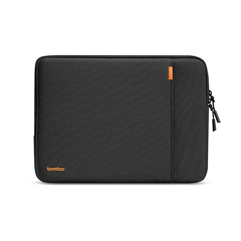 Czarna torba na laptopa Tomtoc z pomarańczowymi akcentami, idealna do home office i biura