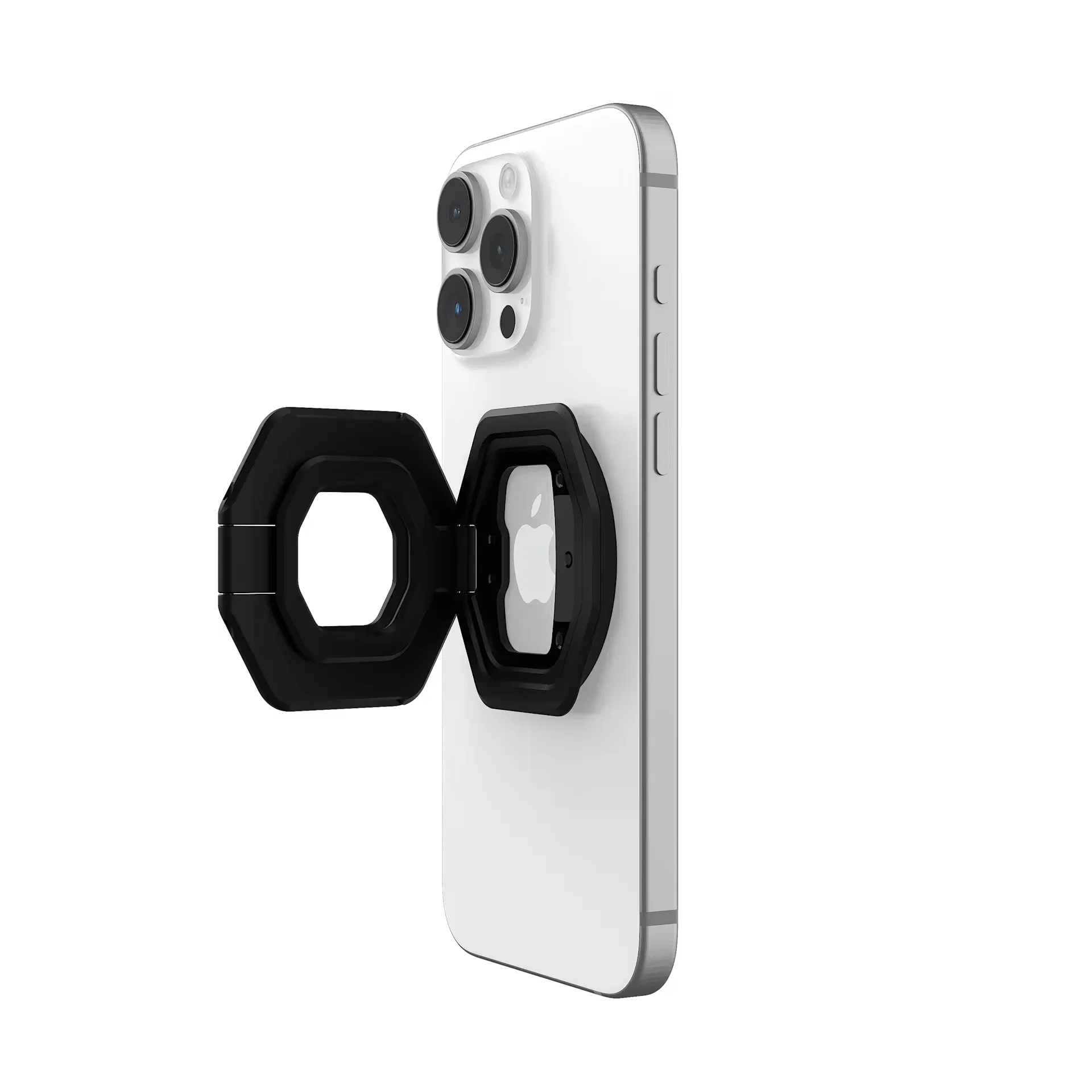 Czarny uchwyt na telefon z otworem pod logo Apple, idealny do Home Office i biurka