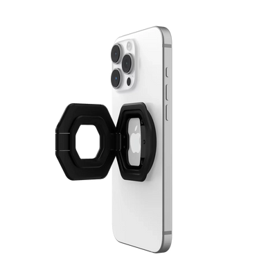 Czarny uchwyt na telefon z otworem pod logo Apple, idealny do Home Office i biurka