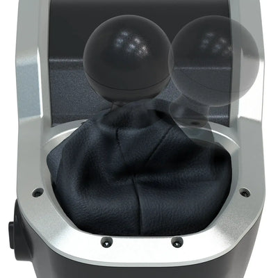 Czarna dźwignia zmiany biegów do symulatora, widok z góry, czarna gałka i mieszki.