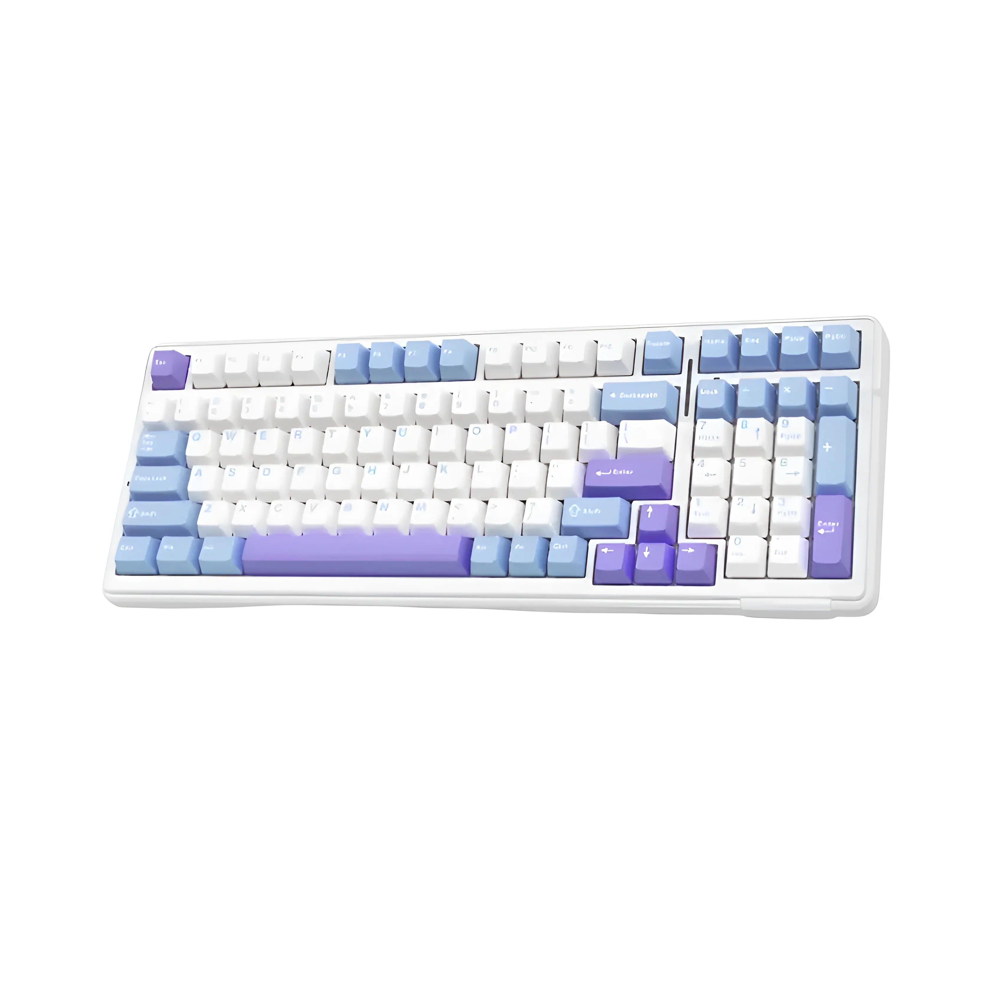 Mechaniczna klawiatura z białymi, niebieskimi i fioletowymi keycapami, idealna do home office i personalizacji desk setupu.