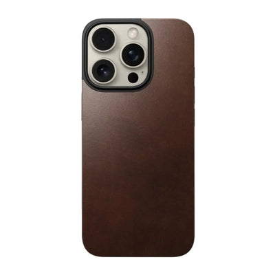 Etui magnetyczne iPhone 16 Pro z brązowej skóry, widok na aparat