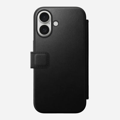 Czarne etui na iPhone z klapką, elegancka ochrona telefonu, akcesoria biurowe