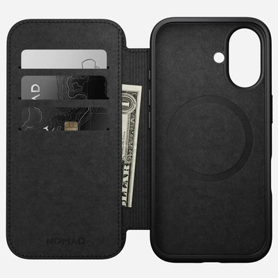 Czarny etui na iPhone z miejscem na karty i gotówkę, portfel z funkcją stojaka