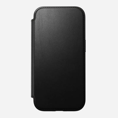 Czarne etui na iPhone z klapką, minimalistyczny design, akcesoria do biura
