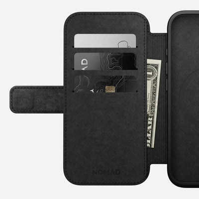 Czarny etui na iPhone z przegródkami na karty i banknoty, akcesorium do biura