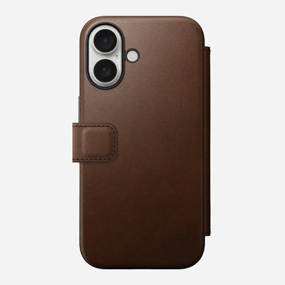 Brązowe etui skórzane do iPhone z klapką, widok na aparat, akcesoria biurowe