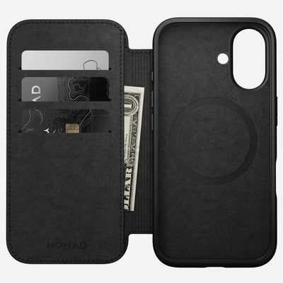 Czarny etui na iPhone z miejscem na karty i gotówkę, organizer biurkowy, akcesoria do home office
