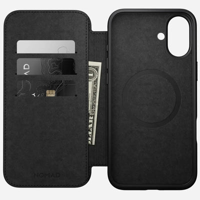 Czarny etui na iPhone z miejscem na karty i gotówkę, portfel na telefon.