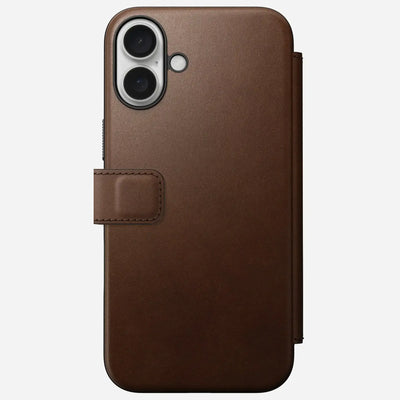 Brązowe etui skórzane na iPhone, widok z tyłu, podwójny aparat, elegancki design