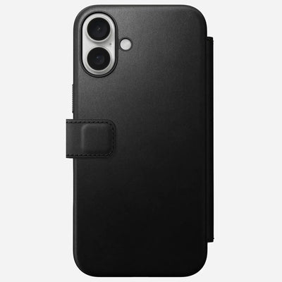Czarny futerał na iPhone z klapką, ochrona telefonu, eleganckie etui na smartfon.