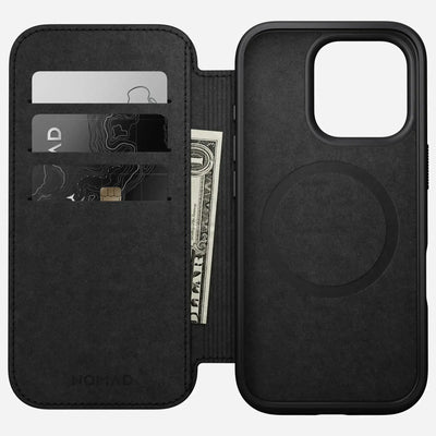 Czarne etui do iPhone z miejscem na karty i pieniądze, idealne do home office.