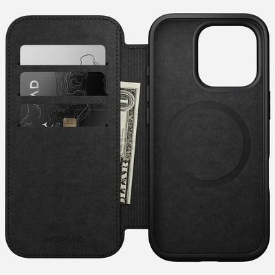 Czarny etui na iPhone z miejscem na karty i gotówkę, organizacja akcesoriów biurowych
