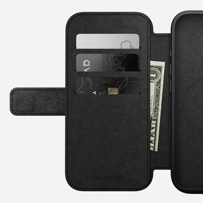 Czarny etui portfel do iPhone z miejscem na karty i gotówkę, elegancki design