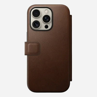 Brązowe etui na iPhone 16 Pro, skórzane, zamknięcie na magnes, ochrona smartfona