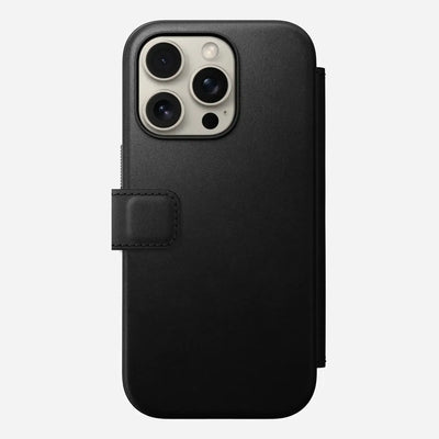 Czarny skórzany etui z klapką na iPhone z trzema aparatami, akcesoria biurowe