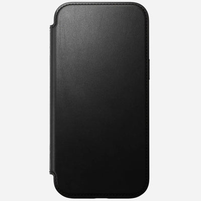 Czarne etui na iPhone 16 Pro Max, eleganckie, skórzane, zamykane na magnes.
