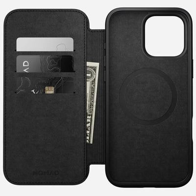 Czarny etui do iPhone z miejscem na karty i gotówkę, magnetyczne zamknięcie
