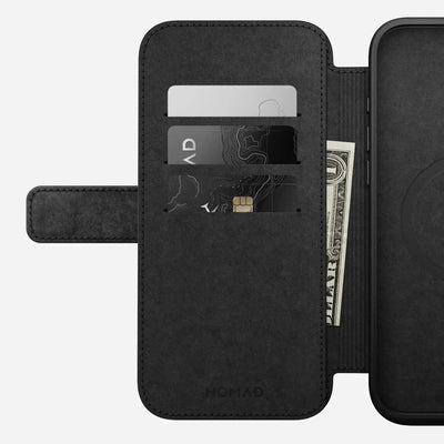 Czarny etui portfelowe do iPhone z miejscem na karty i gotówkę, nowoczesny design.