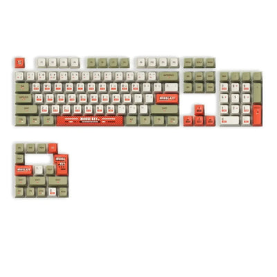 Zestaw keycapów do klawiatury mechanicznej w kolorach oliwkowym, białym i czerwonym z motywem kodu Morse'a.