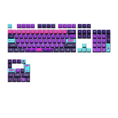 Fioletowe i różowe keycapy do klawiatury mechanicznej, motyw pixel art, akcesoria do desk setupu