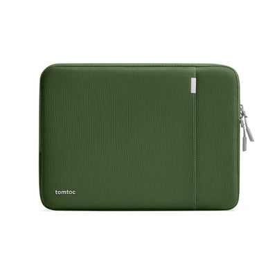 Zielone etui na laptopa z suwakiem, minimalistyczny design, akcesorium biurowe.