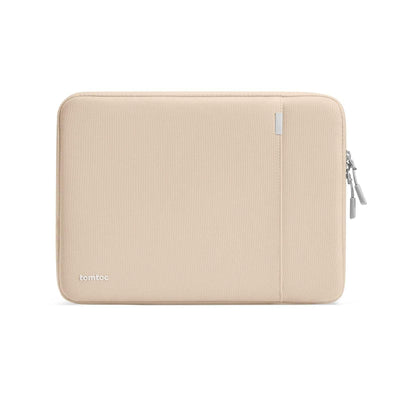 Beżowe etui na laptopa z zamkiem błyskawicznym, minimalistyczny design, akcesoria biurowe
