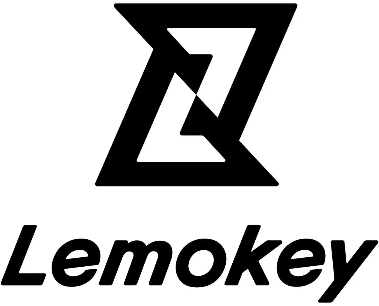 Czarno-białe logo Lemokey z nowoczesnym geometrycznym symbolem, idealne akcesoria do biura.