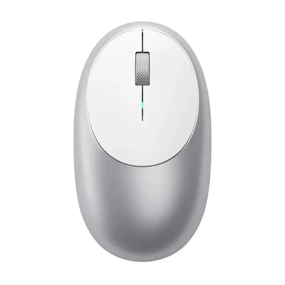 Srebrna bezprzewodowa mysz komputerowa, minimalistyczny design, akcesoria biurowe