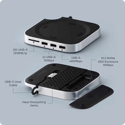 Stojak i hub aluminiowy z portami USB-A, USB-C, SD, obudową SSD NVMe, do biura domowego.