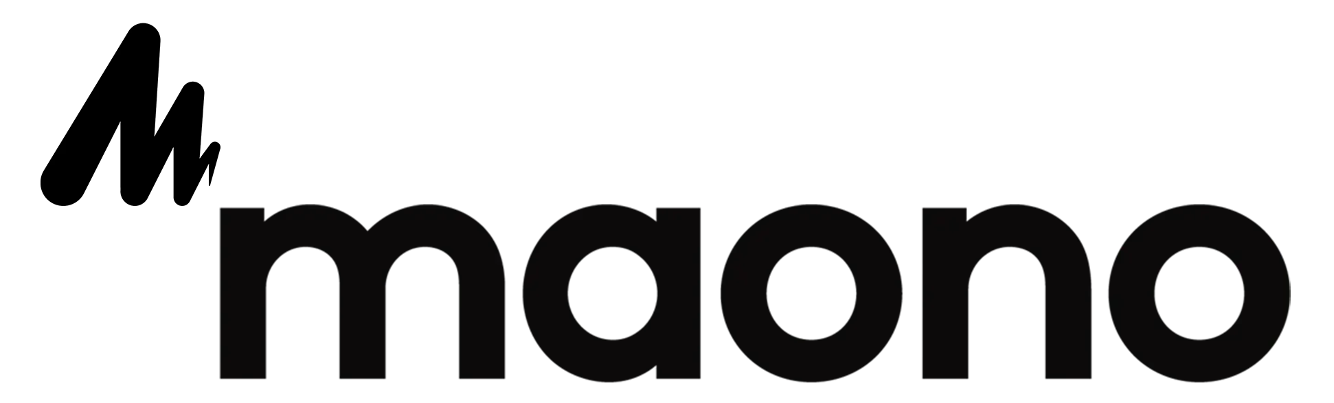 Czarno-białe logo Maono na białym tle, minimalistyczny styl, akcesoria biurowe