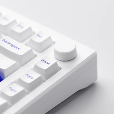 Biała klawiatura mechaniczna z pokrętłem, klawisze Home, Backspace, PgUp