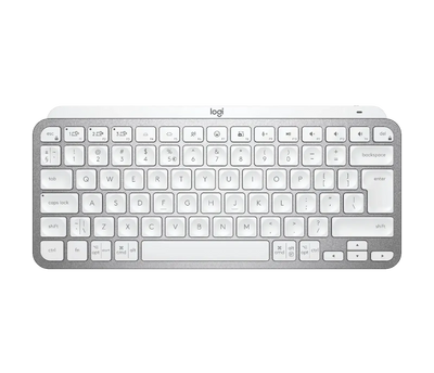 Kompaktowa klawiatura bezprzewodowa w kolorze jasnoszarym, nowoczesny design, keycapy podświetlane