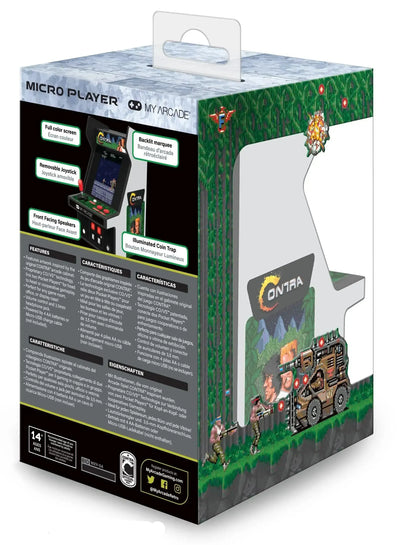 Opakowanie mini konsoli retro arcade Contra, kolorowy ekran, joystick i pikselowa grafika.