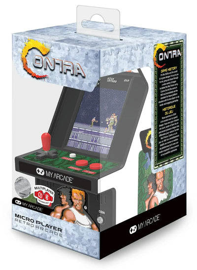 Miniaturowa konsola retro arcade Contra w opakowaniu, joystick i przyciski, ekran gry
