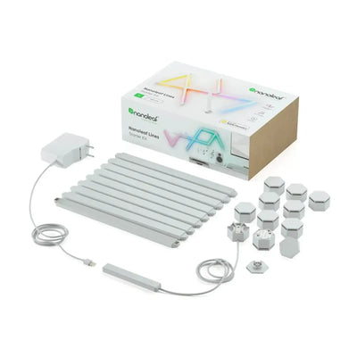 Zestaw startowy Nanoleaf Lines LED, dziewięć paneli świetlnych, elementy montażowe i zasilacz na białym tle.