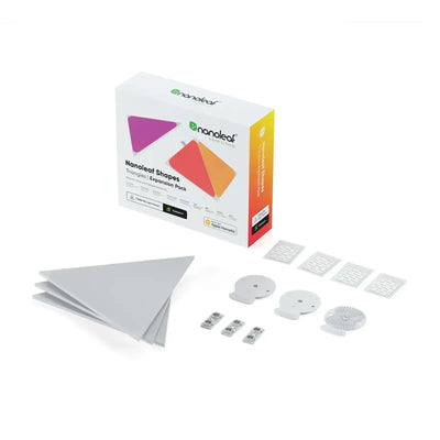 Zestaw rozszerzający panele świetlne trójkąty Nanoleaf Shapes na białym tle, elementy montażowe